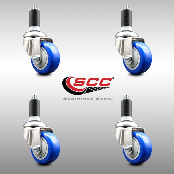 3 Inch 316SS Blue Polyurethane Swivel 1-3/8 Inch Expanding Stem Caster Set SCC